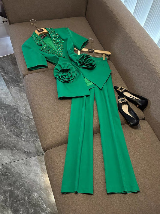 Camélia Flower Blazer Green Suit Set