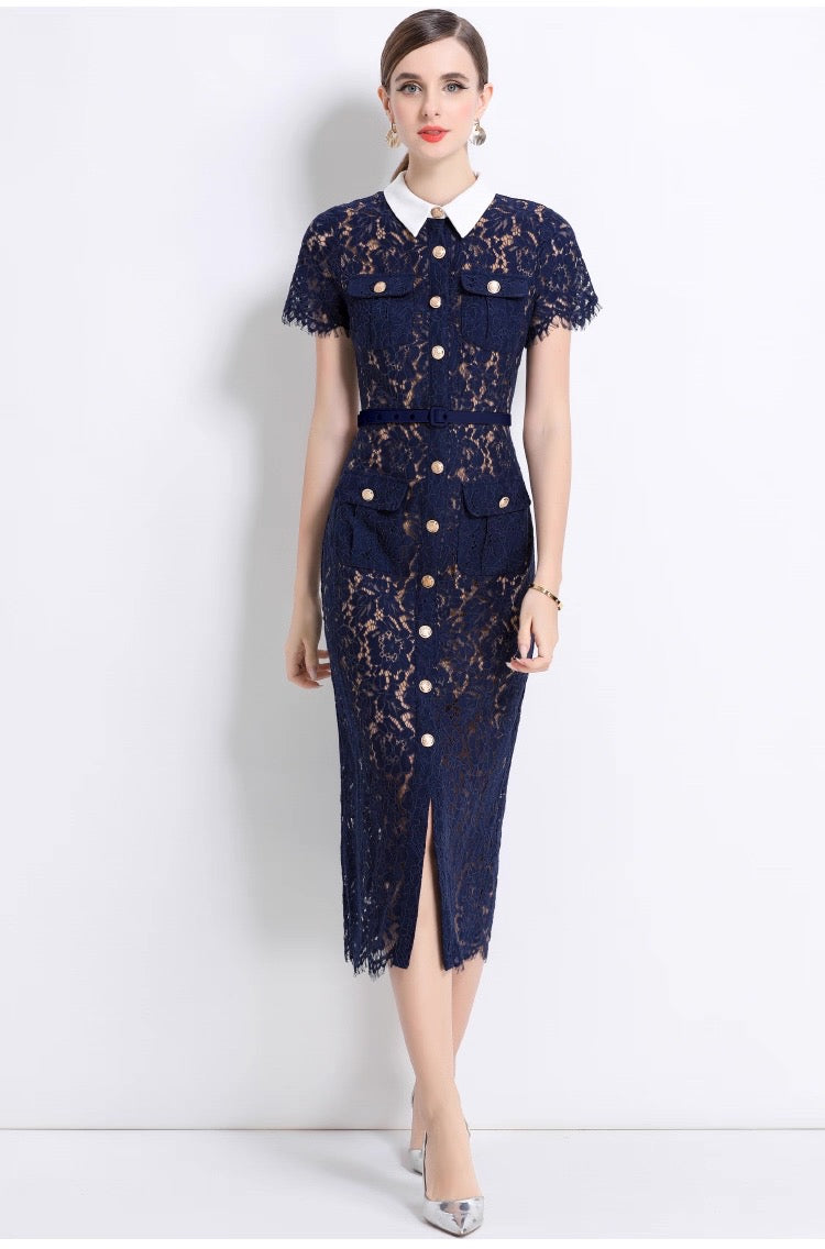 Guxi Navy Lace Collar Dress