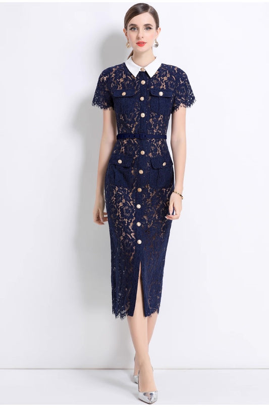 Guxi Navy Lace Collar Dress
