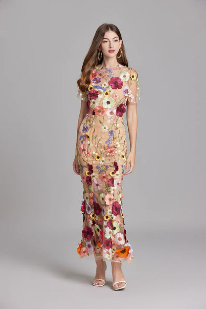 Soleil Bloom Flower Embroidered Midi Dress