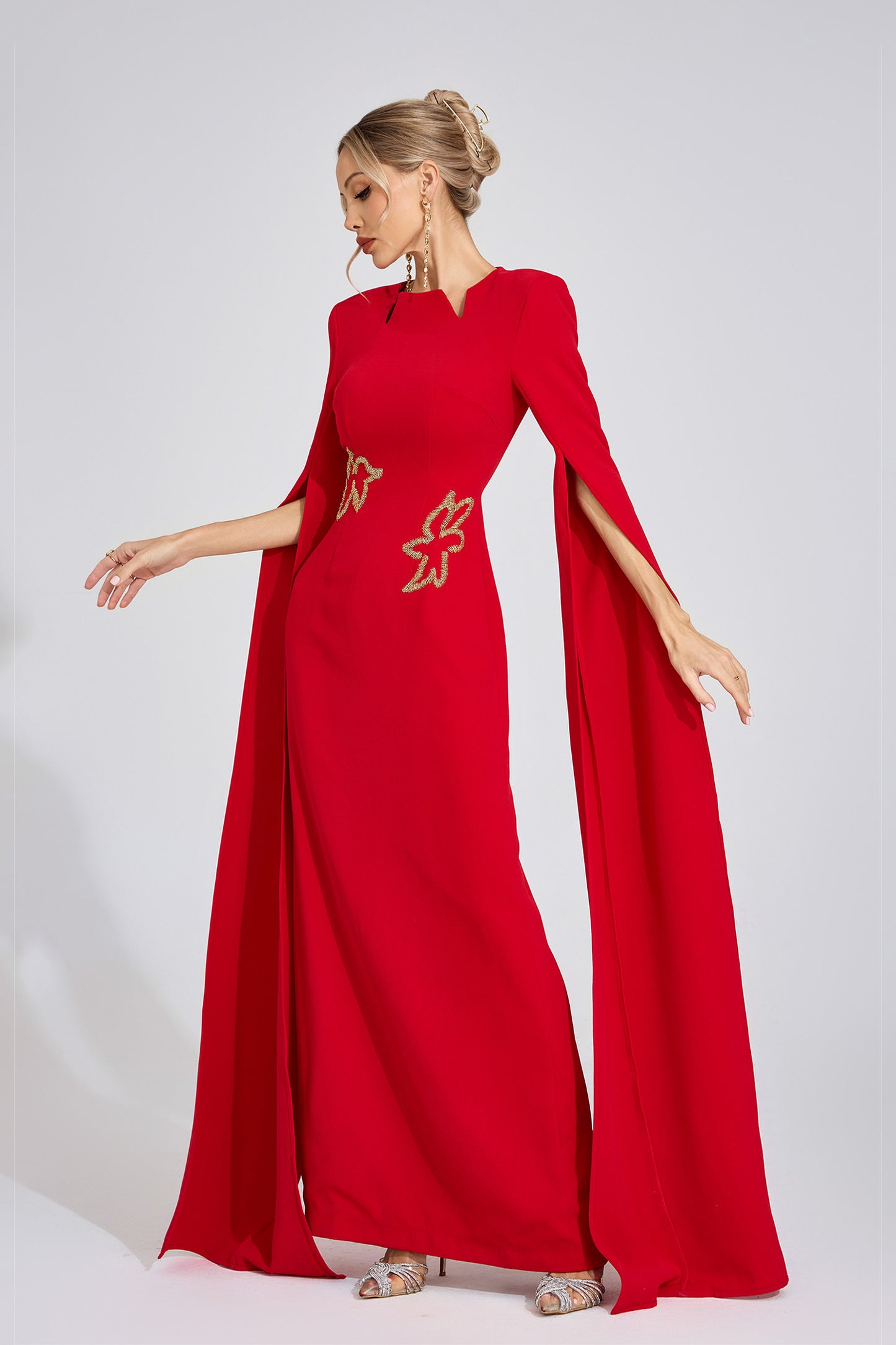 Valentina Cape-Sleeve Embellished Gown