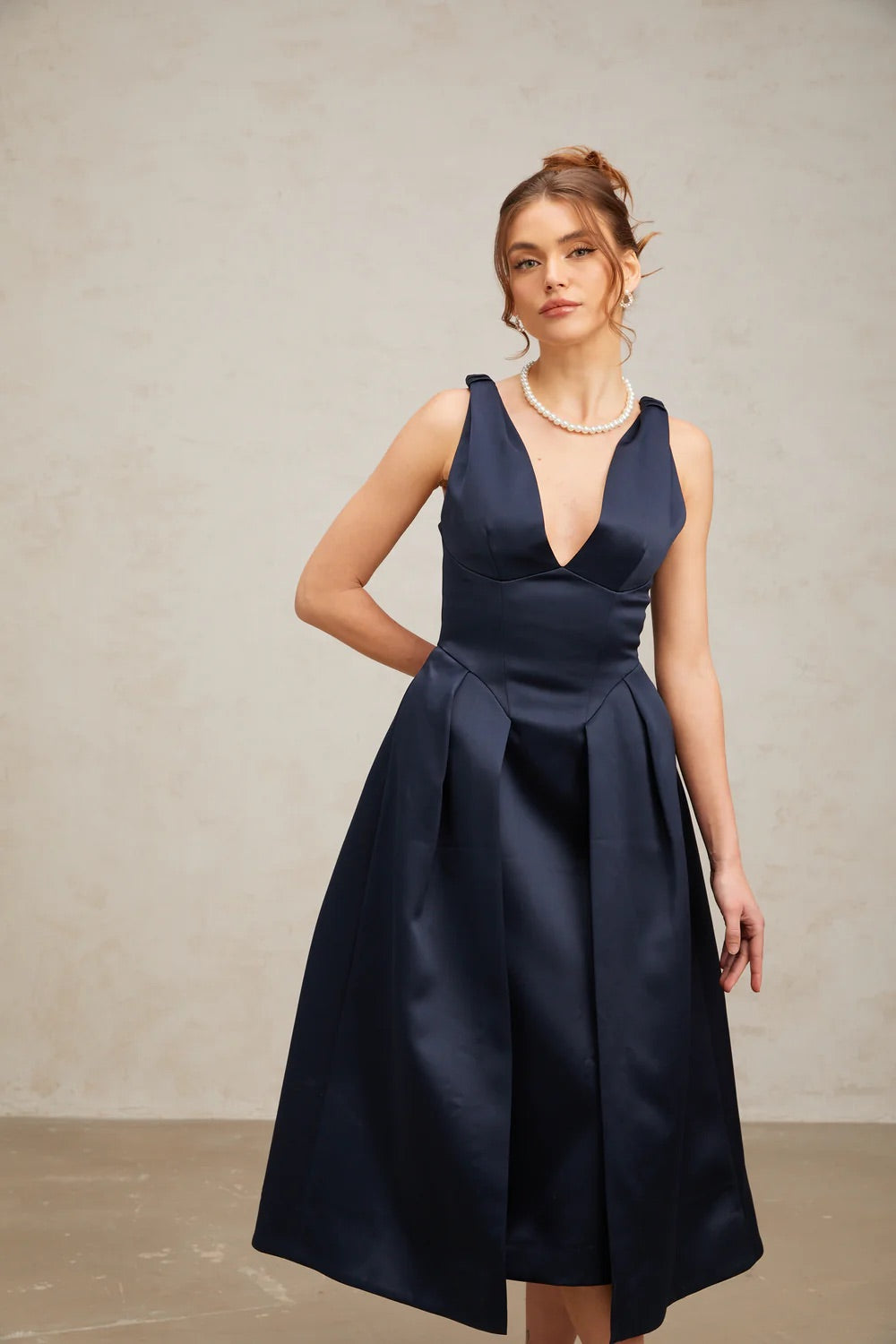 Dark blue satin midi dress