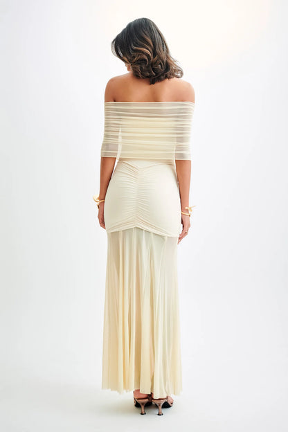 Nude Beige Sheer Ruched Strapless Gown