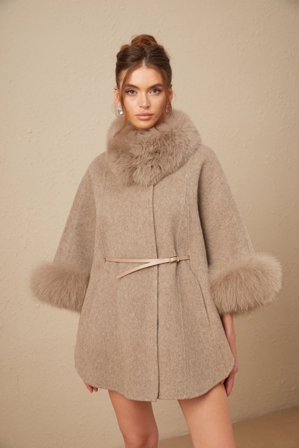 Wool belts fur cape coat