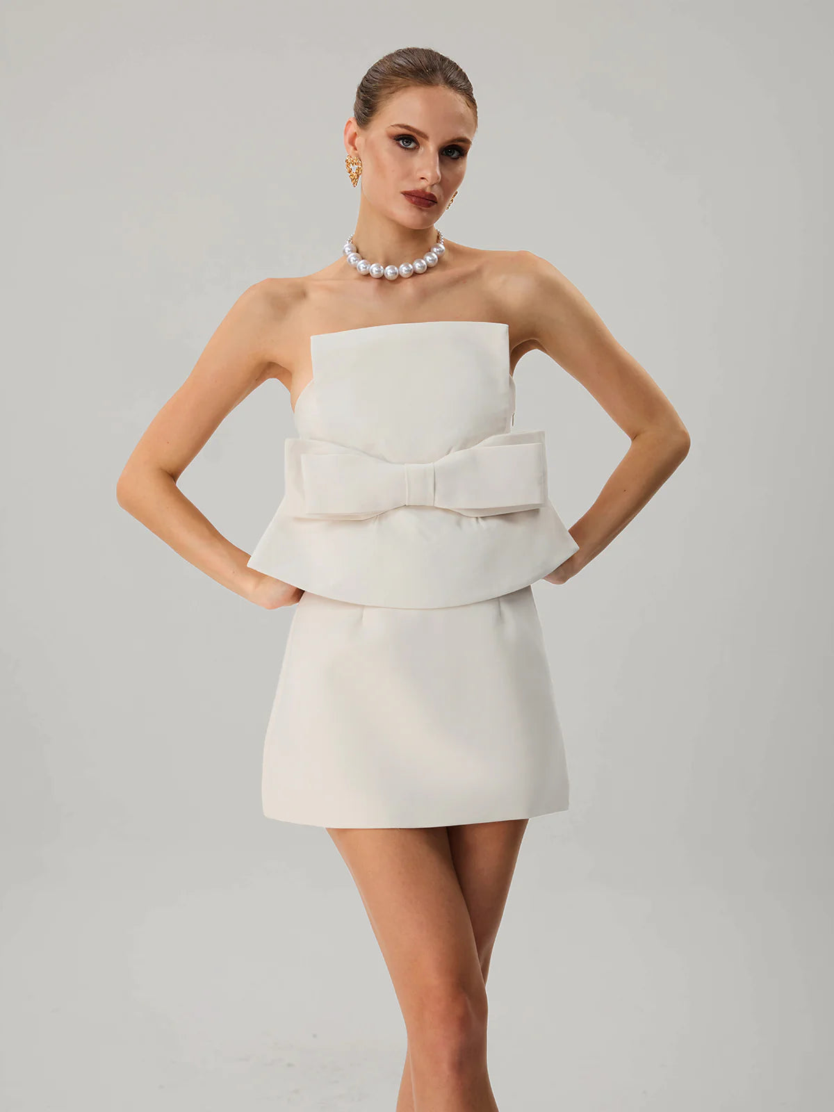 Ivory Strapless Bow Mini Dress