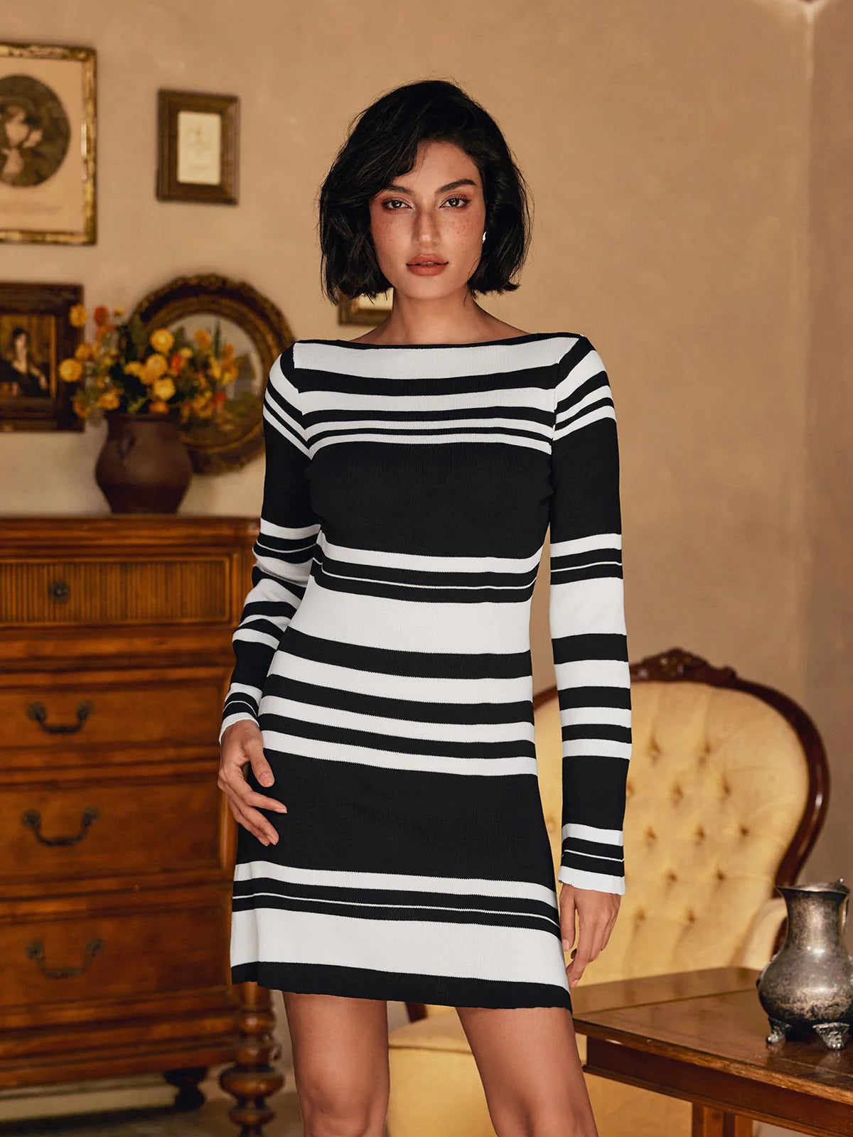 Stripe backless knitted mini dress