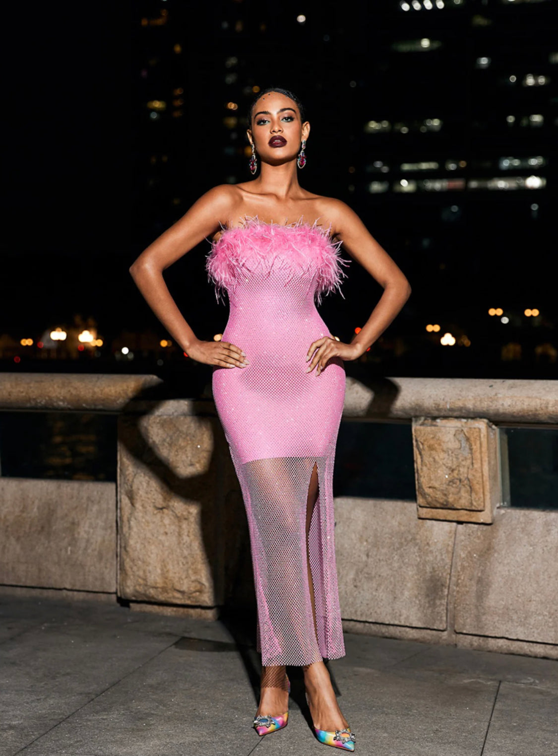 pink mesh/feather maxi dress (8278149234926)