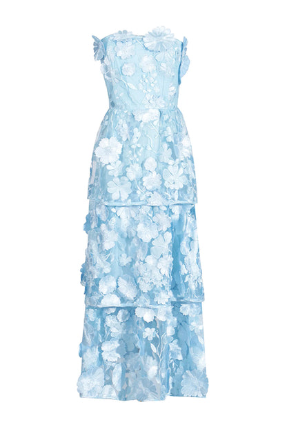 Embroidered blue flower maxi dress