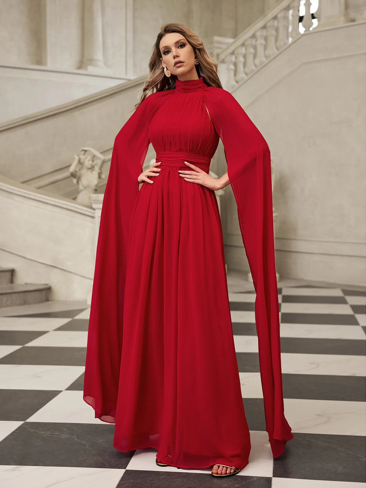 Velena High-Neck Cape Gown
