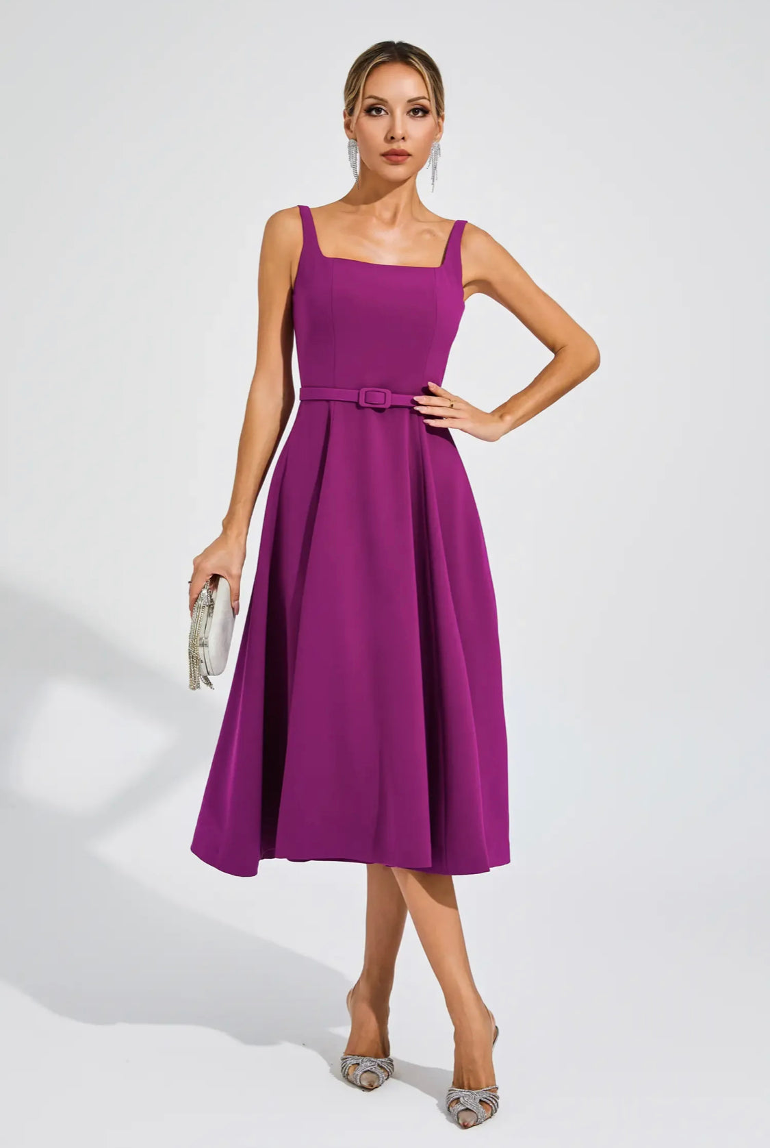 Leila purple belted midi dress