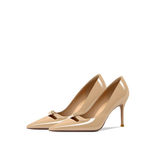 Nude Beige Patent Bow Pumps