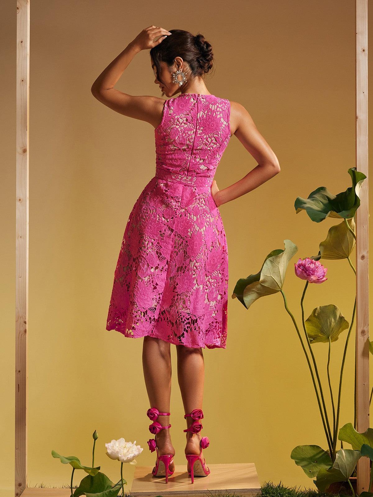 Briana pink belted midi dress