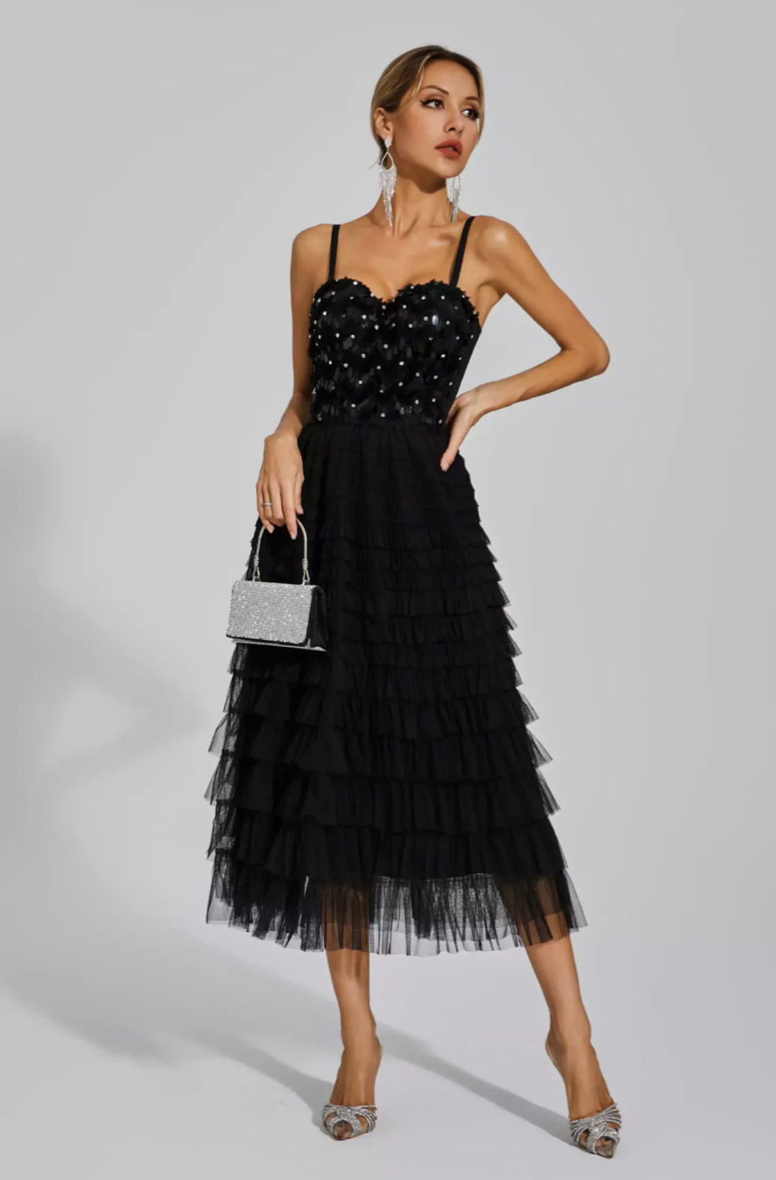 Tatiana black tulle midi dress