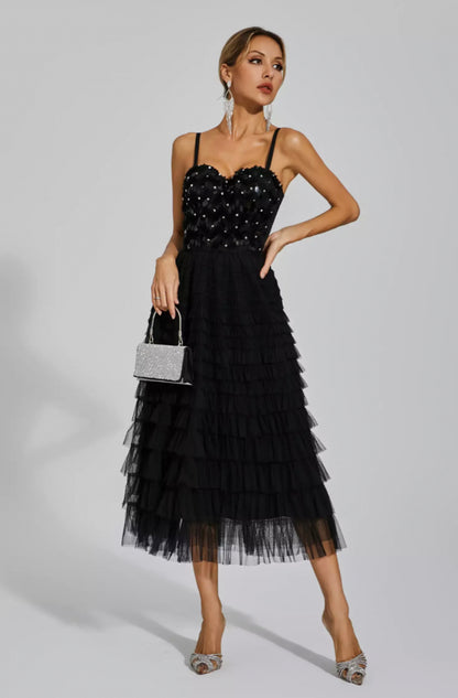 Tatiana black tulle midi dress