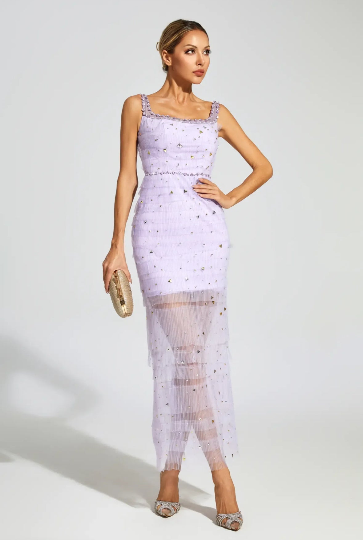 Purple mesh crystal midi dress