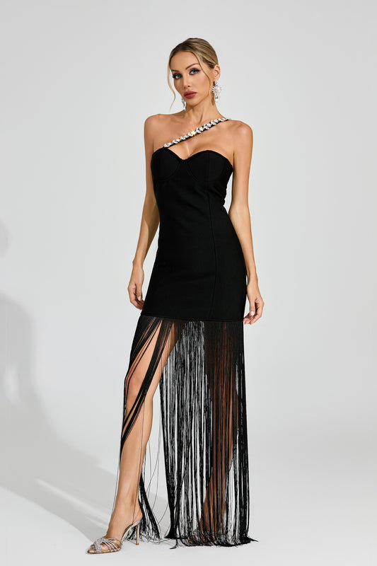 Cassia Crystal Strap Fringe Gown