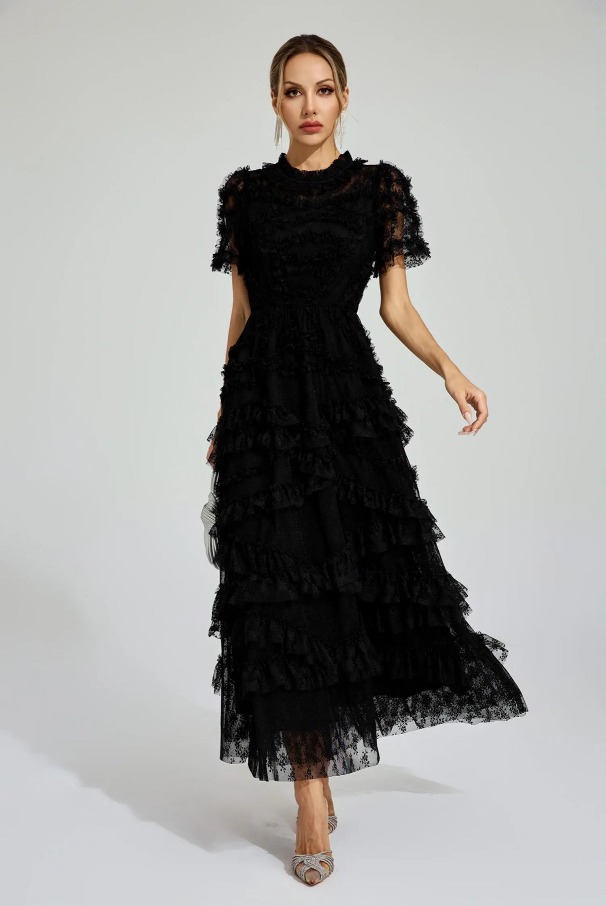 Floral mesh Black midi dress (Preorder)