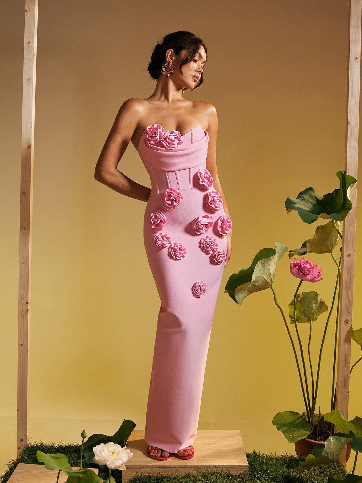 Rose flower maxi dress pink