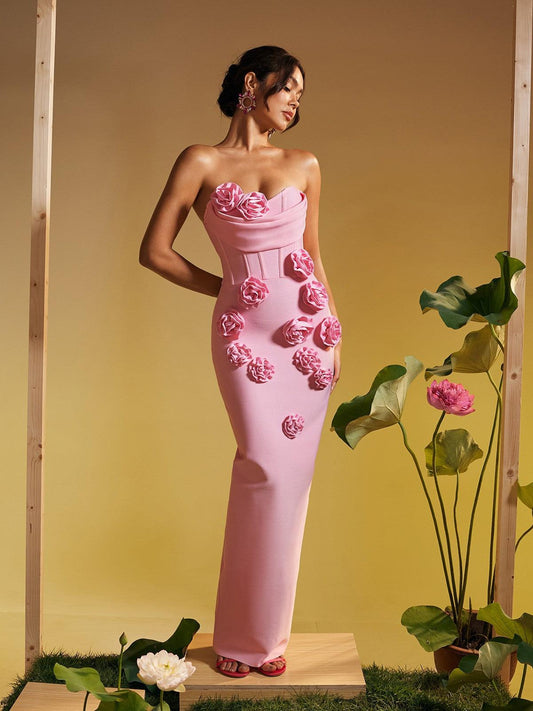 Rose flower maxi dress pink