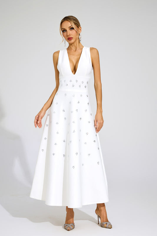 Céleste White Crystal Embellished Gown