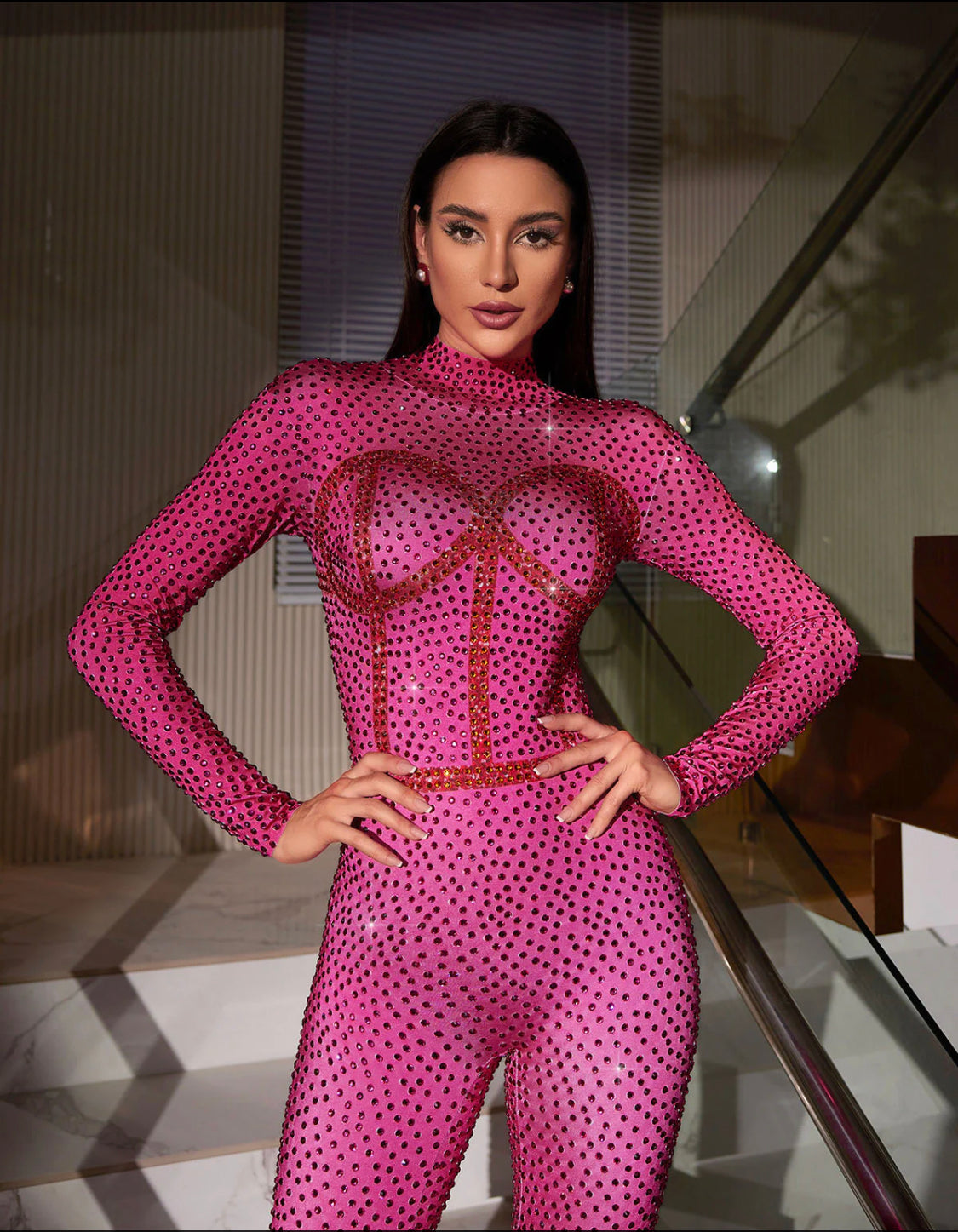 Pink body rhinestones jumpsuit (8200565850350)