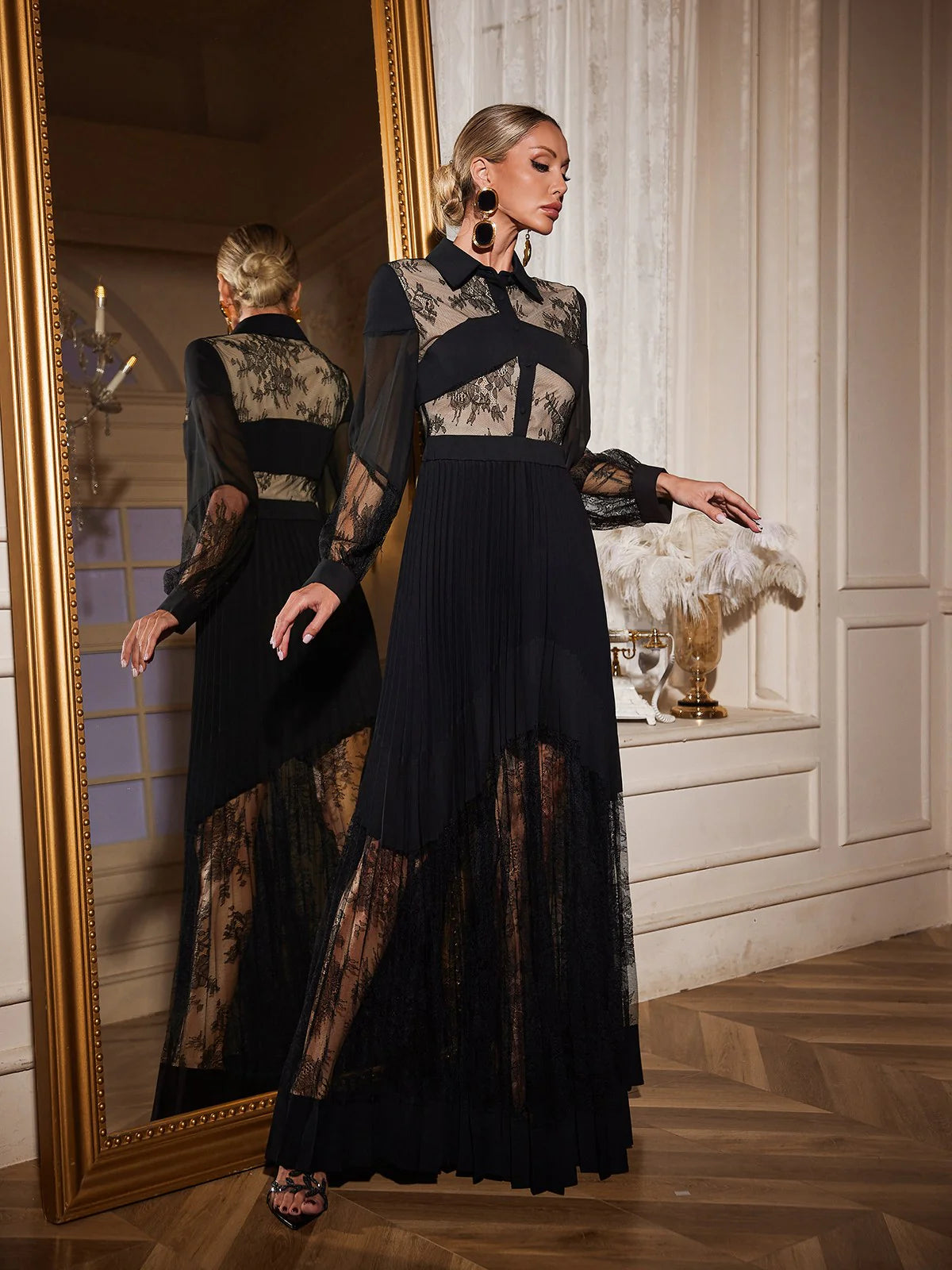 Lace Panel Pleated Shirt Dress
