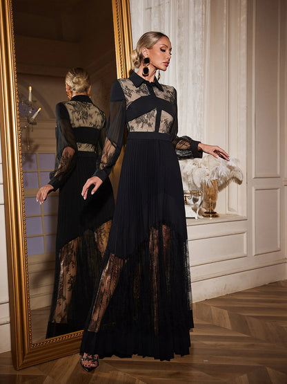 Lace Panel Pleated Shirt Dress