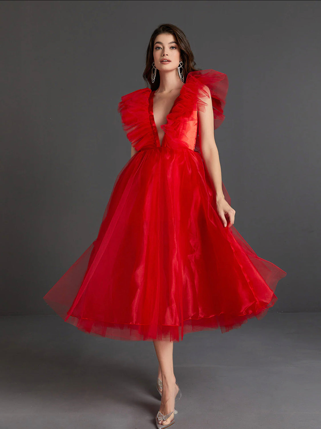 Belle plunge tulle midi dress (8056256889070)