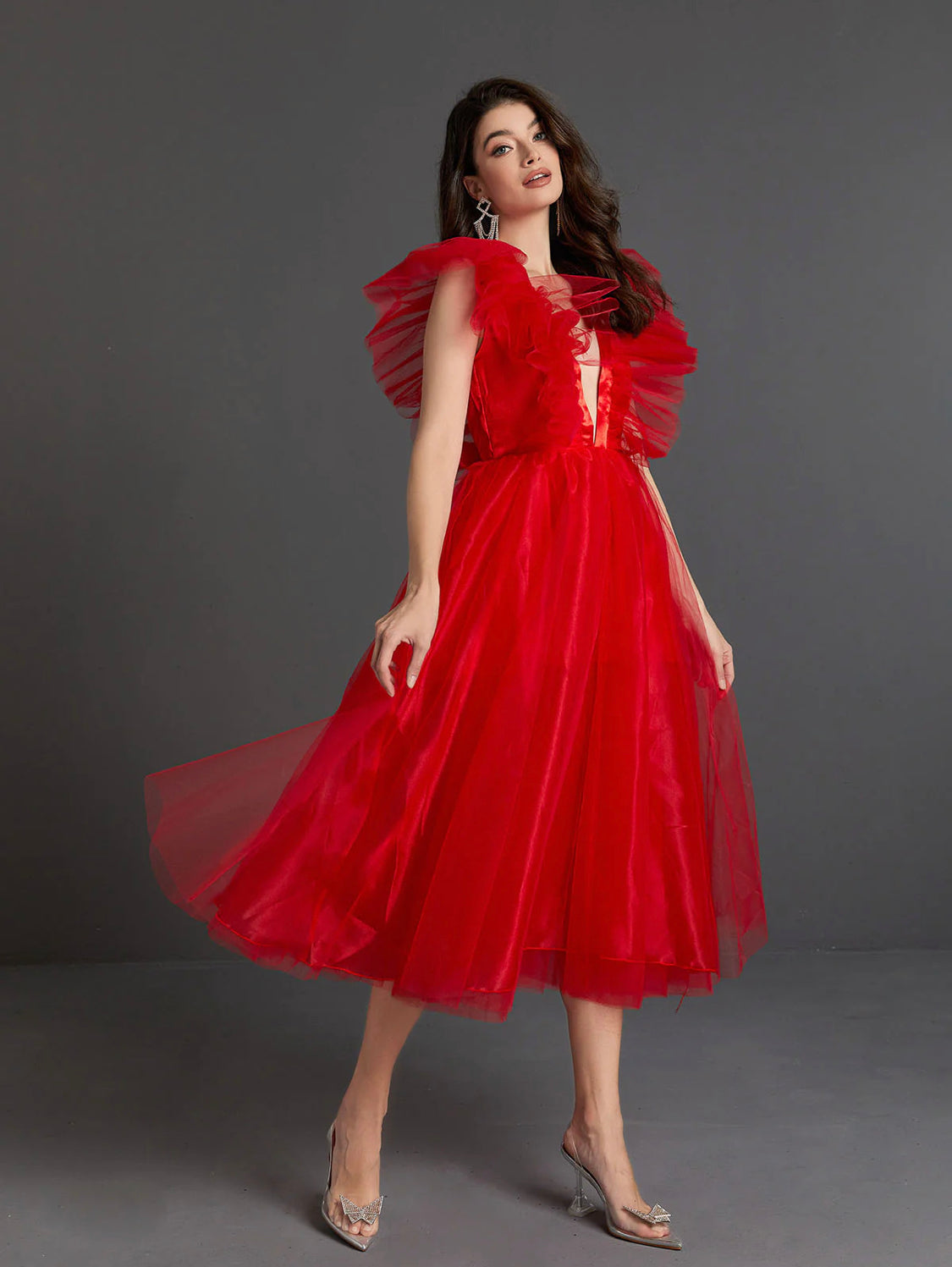 Belle plunge tulle midi dress (8056256889070)