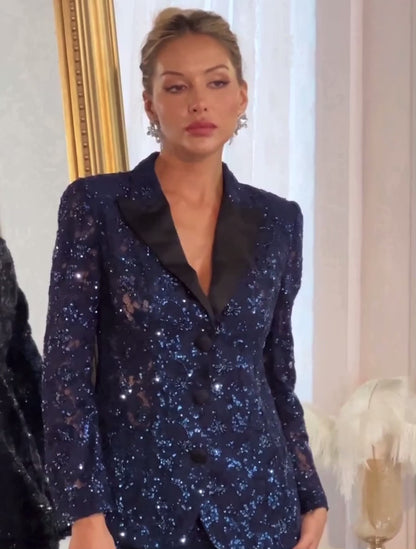Blue sequins blazer suit set