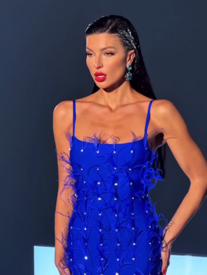 Blue feather crystal mini dress