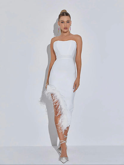 Esther strapless feather bandage midi dress (8039095009518)